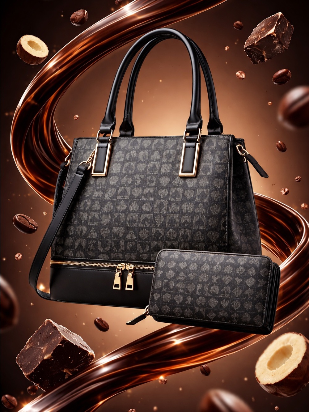 Elegant Black Patterned Satchel and Wallet Set
